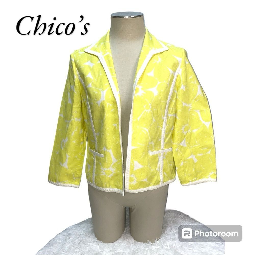 Chico's Optic Ceylon Yellow White Floral Open Front Jacket Blazer Size 1